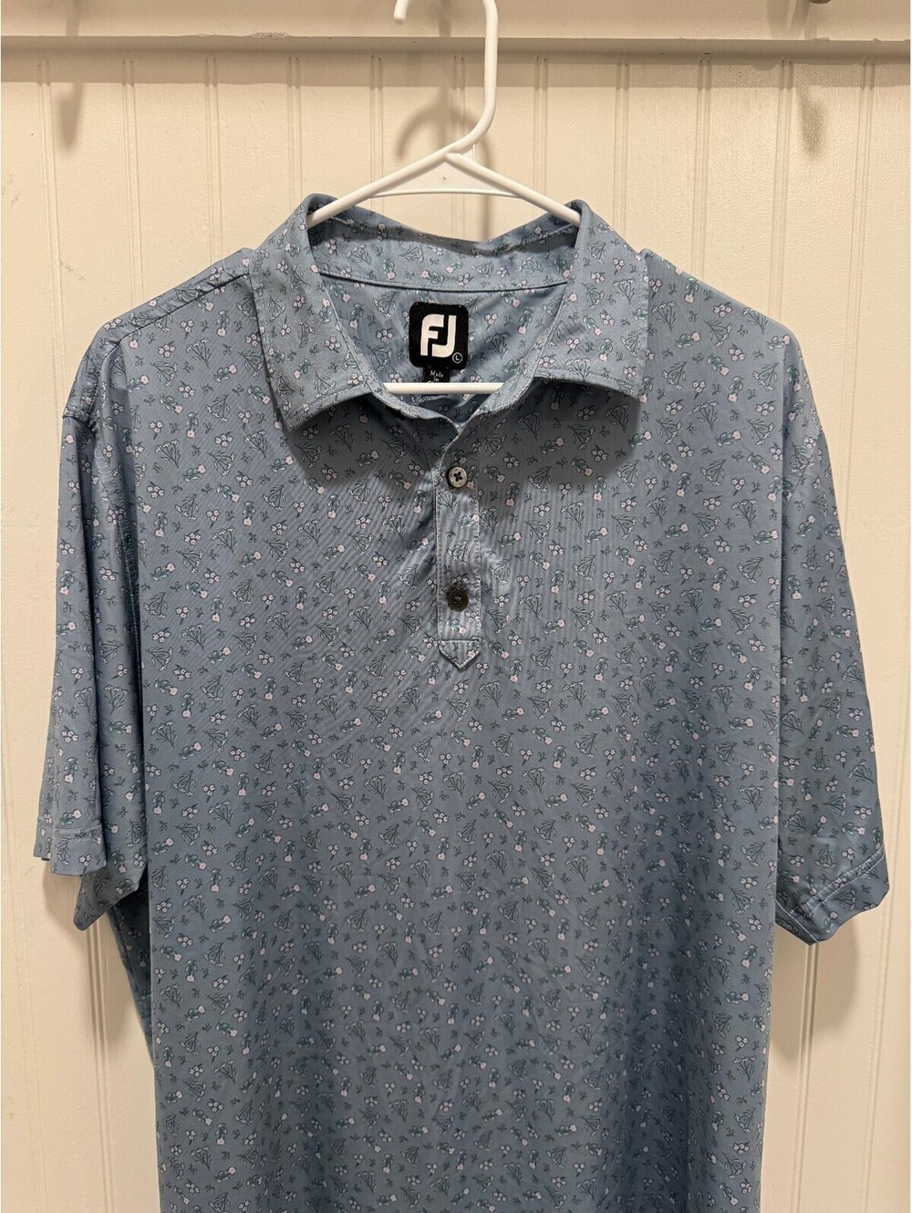 FootJoy Men's Large Blue Floral Print Short Sleeve Golf Polo Shirt No Logos